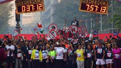Mumbai, India – Jan 15, 2023: Dream Runner participated during the Tata Mumbai Marathon 2023, in Mumbai, India, on Sunday, Jan 15, 2023. (Photo by Bhushan Koyande/HT Photo) Mumbai, India – Jan 15, 2023: Dream Runner participated during the Tata Mumbai Marathon 2023, in Mumbai, India, on Sunday, Jan 15, 2023. (Photo by Bhushan Koyande/HT Photo)