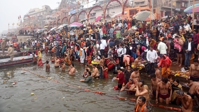 Devotees taking holy baths in the Ganga river on the occasion of Makar Sankranti, in Varanasi. On the early morning of Makar Sankranti, bathing is regarded as a sacred ritual that cleanses a person of his sins and gives good fortune and health. (PTI photo) Devotees taking holy baths in the Ganga river on the occasion of Makar Sankranti, in Varanasi. On the early morning of Makar Sankranti, bathing is regarded as a sacred ritual that cleanses a person of his sins and gives good fortune and health. (PTI photo)