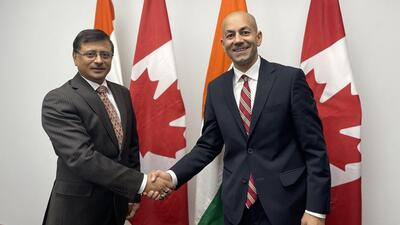 Ranj Pillai (right) met with India’s high commissioner to Canada Sanjay Kumar Verma in Ottawa in December. (Ranj Pillai/Twitter) Ranj Pillai (right) met with India’s high commissioner to Canada Sanjay Kumar Verma in Ottawa in December. (Ranj Pillai/Twitter)