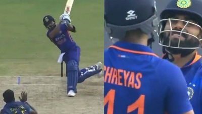 Screengrab of the moment in the match when Kohli hit the Dhoni-like helicopter shot for a six and yelled 'Mahi Shot'. (Twitter) Screengrab of the moment in the match when Kohli hit the Dhoni-like helicopter shot for a six and yelled 'Mahi Shot'. (Twitter)
