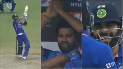 Virat Kohli smashes a big six; Rohit Sharma reacts (Twitter) Virat Kohli smashes a big six; Rohit Sharma reacts (Twitter)