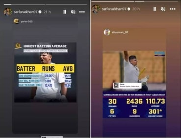 Sarfaraz Khan's Instagram stories after Team India snub (Instagram grab) Sarfaraz Khan's Instagram stories after Team India snub (Instagram grab)