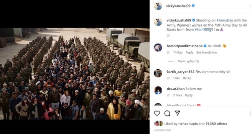 Vicky Kaushal shared a photo with Indian Army personnel and his film Sam Bahadur's crew from set. Vicky Kaushal shared a photo with Indian Army personnel and his film Sam Bahadur's crew from set.