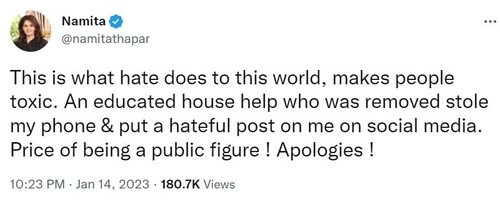 Namita Thapar tweeted about her Instagram Story. Namita Thapar tweeted about her Instagram Story.