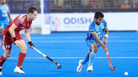 India and England players in action during the FIH Hockey Men’s World Cup 2023 match at the Birsa Munda stadium, in Rourkela.(Hockey India Twitter)
