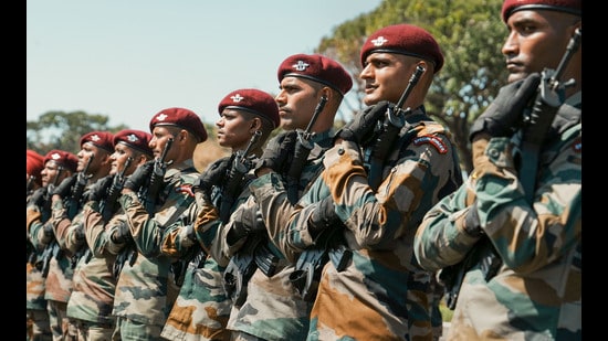 Bengaluru: Army jawans take part in a parade during a dress rehearsal ahead of Army Day, at MEG & Centre in Bengaluru, Tuesday, Jan. 10, 2023. (PTI Photo/Shailendra Bhojak)(PTI01_10_2023_000154A) (PTI)