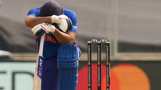 Indian captain Rohit Sharma reacts after losing his wicket during the third ODI against Sri Lanka(PTI)