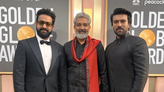 Director SS Rajamouli, and lead actors Jr NTR and Ram Charan at the 80th Golden Globe Awards. The awards took place in Beverly Hills, California, on January 10, 2023.
