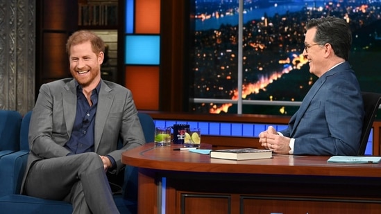 Prince Harry ‘The Crown’: Prince Harry, left, with host Stephen Colbert.(AP)