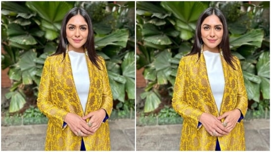 Mruna;’s ethnic diaries are meant to be bookmarked. A few days back, the actor shared a slew of pictures of herself in a fusion attire featuring bright colours. (Instagram/@mrunalthakur)