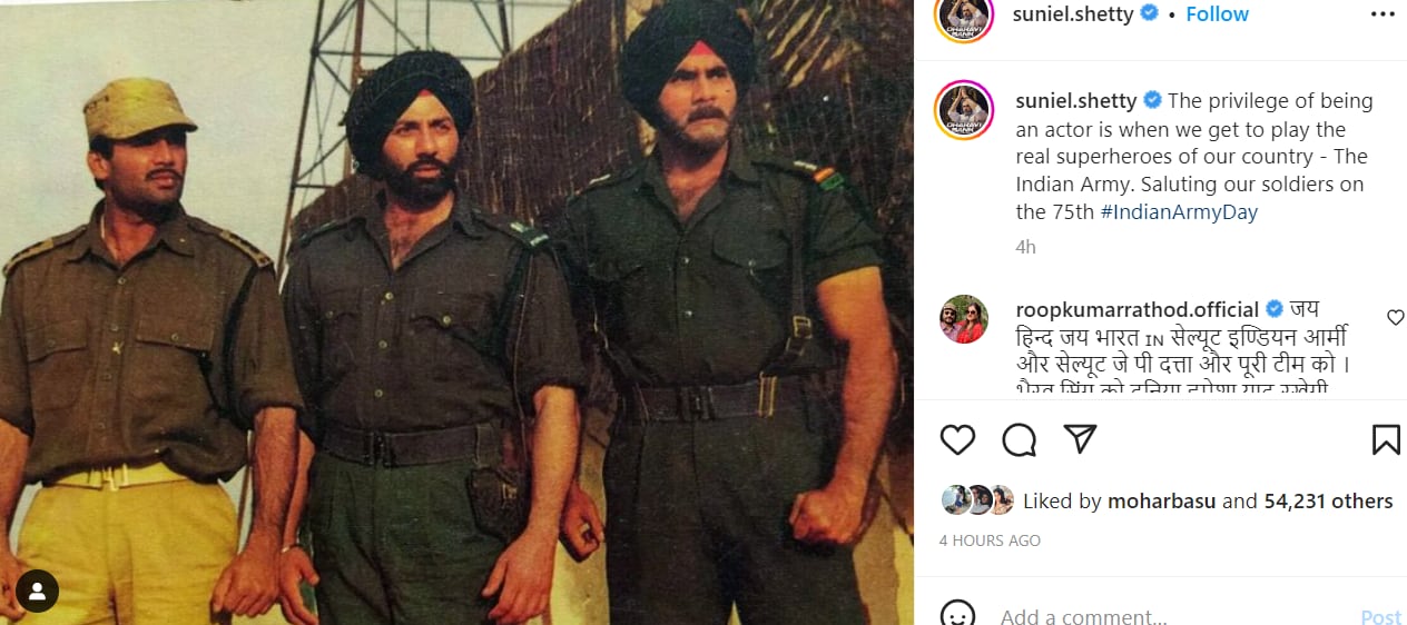 Suniel Shetty took to Instagram to shared a picture from his 1997 film Border with Sunny Deol.
