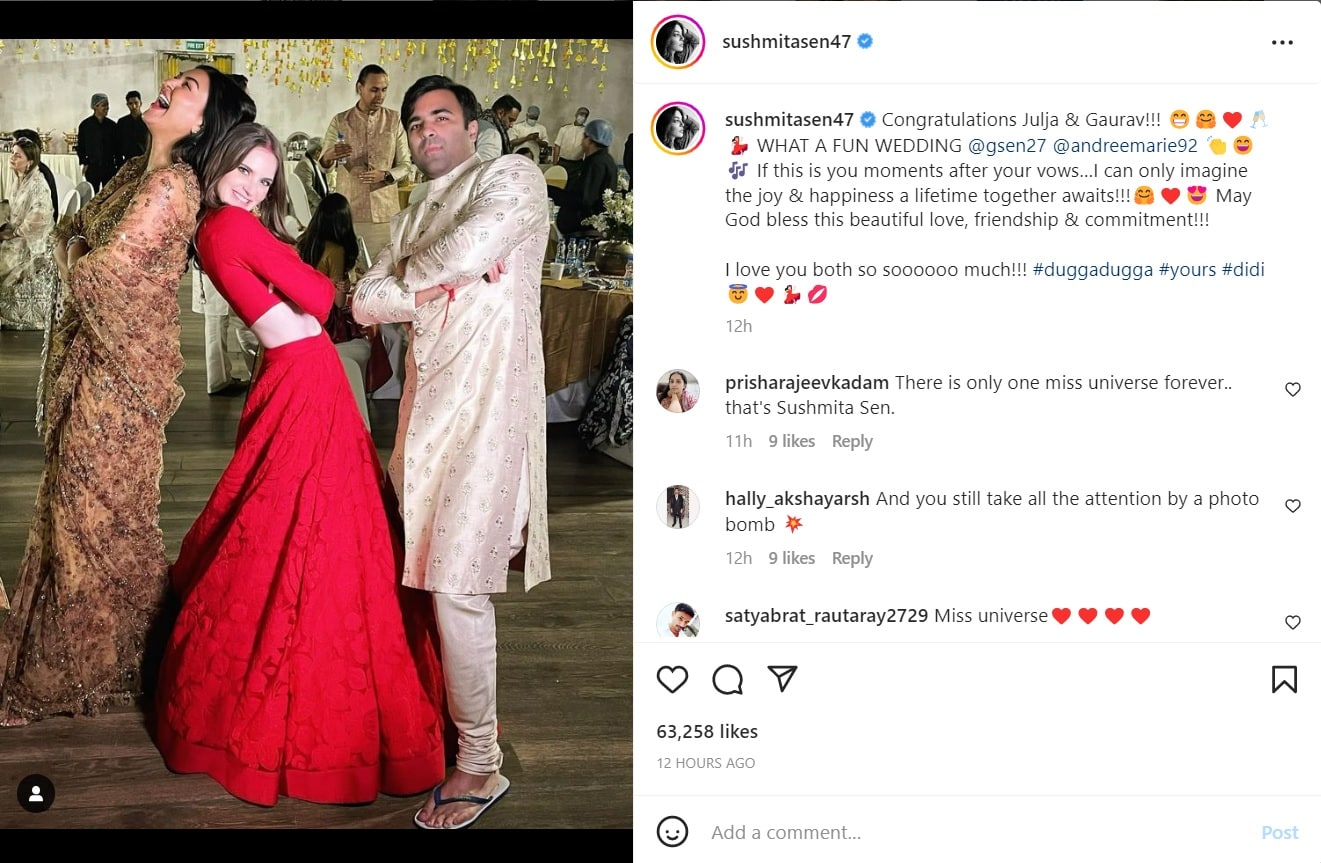 Sushmita Sen shared an unseen picture from her cousin's wedding.