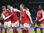 Arsenal players celebrate their victory at the English Premier League soccer match between Tottenham Hotspur and Arsenal at the Tottenham Hotspur Stadium(AP) Arsenal players celebrate their victory at the English Premier League soccer match between Tottenham Hotspur and Arsenal at the Tottenham Hotspur Stadium(AP)