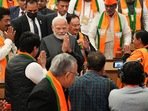New Delhi: Prime Minister Narendra Modi being greeted by party leaders as he arrives for the BJP National Executive meeting, at NDMC Convention Centre in New Delhi, (PTI) New Delhi: Prime Minister Narendra Modi being greeted by party leaders as he arrives for the BJP National Executive meeting, at NDMC Convention Centre in New Delhi, (PTI)
