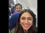 Mrunal Thakur is taking a selfie with a cute fellow passenger sitting behind her aboard the IndiGo flight. (Instagram/@mrunalthakur) Mrunal Thakur is taking a selfie with a cute fellow passenger sitting behind her aboard the IndiGo flight. (Instagram/@mrunalthakur)