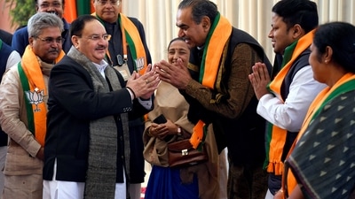 BJP National President JP Nadda greets senior party leaders as he arrives for the party national Office Bearers Meeting at party headquarters. (Ishant ) BJP National President JP Nadda greets senior party leaders as he arrives for the party national Office Bearers Meeting at party headquarters. (Ishant )