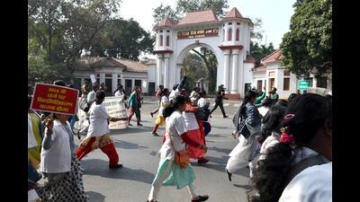 National Rural Health Mission contract workers on a protest outside Raj Bhawan on Monday. (ANI)