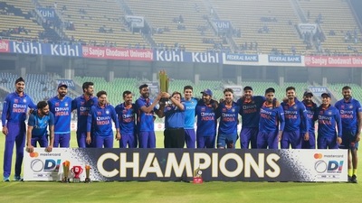 Indian players pose with trophy after winning the ODI series against Sri Lanka (PTI) Indian players pose with trophy after winning the ODI series against Sri Lanka (PTI)