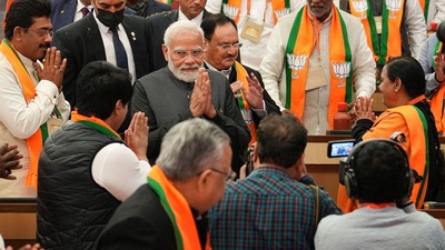 New Delhi: Prime Minister Narendra Modi being greeted by party leaders as he arrives for the BJP National Executive meeting, at NDMC Convention Centre in New Delhi, (PTI) New Delhi: Prime Minister Narendra Modi being greeted by party leaders as he arrives for the BJP National Executive meeting, at NDMC Convention Centre in New Delhi, (PTI)