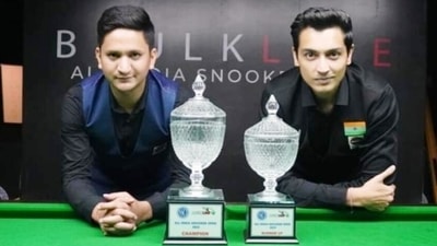 Champion Laxman Rawat (left) and runner-up Aditya Mehta pose with their respective trophies of the ‘Baulkline’ NSCI All India Snooker Open. Champion Laxman Rawat (left) and runner-up Aditya Mehta pose with their respective trophies of the ‘Baulkline’ NSCI All India Snooker Open.
