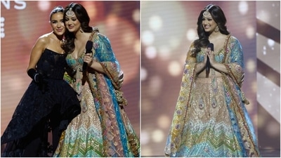 Harnaaz Sandhu's Desi Girl moment in gorgeous multi-colour lehenga. (Instagram) Harnaaz Sandhu's Desi Girl moment in gorgeous multi-colour lehenga. (Instagram)