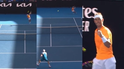 Australian Open 2023: Rafael Nadal during his 25-shot rally. (Twitter) Australian Open 2023: Rafael Nadal during his 25-shot rally. (Twitter)