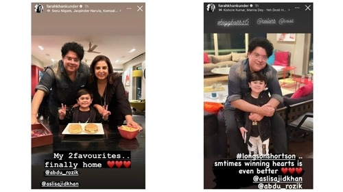 Farah Khan shared pictures with Sajid Khan and Abdu Rozik via Instagram Stories. Farah Khan shared pictures with Sajid Khan and Abdu Rozik via Instagram Stories.