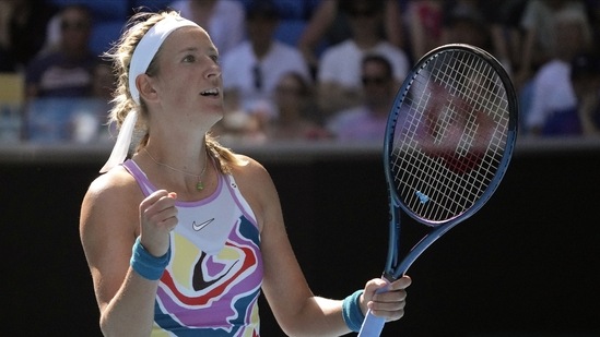 Victoria Azarenka of Belarus reacts after defeating Sofia Kenin of the U.S. in their first round match at the Australian Open (AP)