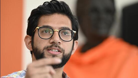 Mumbai, India - January 16, 2023: Shiv Sena (UBT) leader Aaditya Thackeray addressing the media during a press conference, at Sena Bhavan, in Mumbai, India, on Monday, January 16, 2023. (Photo by Anshuman Poyrekar/ Hindustan Times) (Anshuman Poyrekar/HT PHOTO)