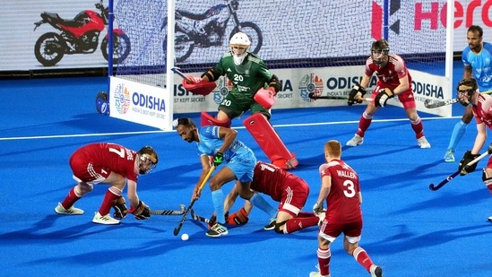 Hardik Singh tries to score a goal against England during the FIH Odisha Hockey Men's World Cup 2023 at Birsa Munda Stadium, in Rourkela.(PTI)