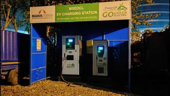 The charging stations have been installed at the substation at Raghuleela Mall in sector 30 near Vashi railway station, Kharghar substation at sector 2, substation at sector 19E near Galleria mall on Palm Beach road, Vashi, sector 15 Airoli substation, Pawane MIDC, sector 8 Rabale MIDC substation, Indira Nagar central road, near Lubrizol company in Turbhe, Tapal Naka in Panvel-Uran road, sector 50 in Seawoods, sector 9 Palm Beach road Nerul and in sector 15 of CBD Belapur. (HT PHOTO)