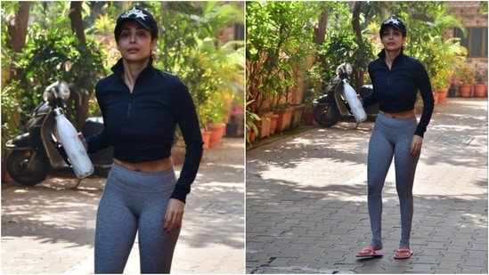 In the end, Malaika chose to ditch makeup for a bare face to keep her workout routine fuss-free. A messy low bun with blushed glowing skin and nude-coloured lip gloss rounded it all off. (HT Photo/Varinder Chawla)