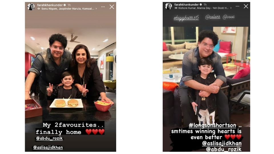 Farah Khan shared pictures with Sajid Khan and Abdu Rozik via Instagram Stories.