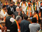 Prime Minister Narendra Modi being greeted by party leaders as he arrives for the BJP National Executive meeting, at NDMC Convention Centre in New Delhi, (PTI) Prime Minister Narendra Modi being greeted by party leaders as he arrives for the BJP National Executive meeting, at NDMC Convention Centre in New Delhi, (PTI)