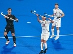 Belgium and Germany players vie for ball during the FIH Odisha Hockey Men's World Cup 2023 match(PTI) Belgium and Germany players vie for ball during the FIH Odisha Hockey Men's World Cup 2023 match(PTI)