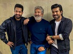 Actors Jr NTR and Ram Charan with their RRR director SS Rajamouli. (PTI Photo) Actors Jr NTR and Ram Charan with their RRR director SS Rajamouli. (PTI Photo)