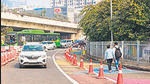 The ongoing tactical urbanism experiment at Nehru Place. Temporary features were added to make the intersection safer for pedestrians. (HT Photo) The ongoing tactical urbanism experiment at Nehru Place. Temporary features were added to make the intersection safer for pedestrians. (HT Photo)