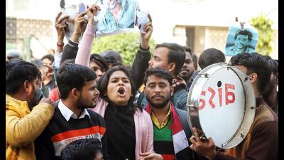 •All India Students’ Association (AISA) supporters take part in a protest rally after permission was denied to organise a programme in memory of Hyderabad Central University student Rohit Vemula on his death anniversary, on Lucknow University campus, on Tuesday. (ANI Photo) •All India Students’ Association (AISA) supporters take part in a protest rally after permission was denied to organise a programme in memory of Hyderabad Central University student Rohit Vemula on his death anniversary, on Lucknow University campus, on Tuesday. (ANI Photo)