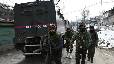 Army personnel at the site of encounter where two militants were neutralised in Budgam on Tuesday. (Waseem Andrabi/HT)