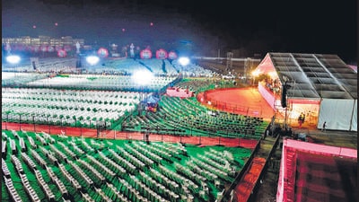 Arrangements have been put in place for the BRS rally, which is the first one declared by KCR, after his arrival on the national political stage. (HT Photo) Arrangements have been put in place for the BRS rally, which is the first one declared by KCR, after his arrival on the national political stage. (HT Photo)