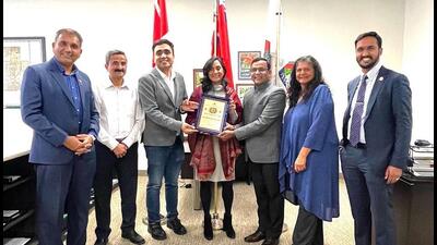 Canada’s Minister of National Defence Anita Anand (fourth from left) with leaders of Hindu groups at her office in Oakville on Saturday. (Anita Anand/Facebook) Canada’s Minister of National Defence Anita Anand (fourth from left) with leaders of Hindu groups at her office in Oakville on Saturday. (Anita Anand/Facebook)
