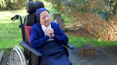 Sister Andre, Lucile Randon in the registry of birth, the eldest French and European citizen, prays in a wheelchair, on the eve of her 117th birthday. (AFP file) Sister Andre, Lucile Randon in the registry of birth, the eldest French and European citizen, prays in a wheelchair, on the eve of her 117th birthday. (AFP file)