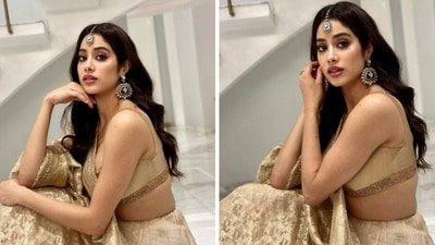 Janhvi Kapoor is in beige lehenga in latest pictures.