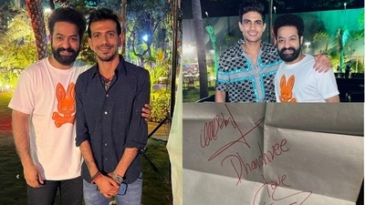 Jr NTR met Yuzvendra Chahal, Ꮪhubman Gill, and others. Jr NTR met Yuzvendra Chahal, Ꮪhubman Gill, and others.