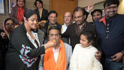 Mayor Anup Gupta (centre) celebrating his win with family members at the municipal corporation office in Sector 17, Chandigarh. (Keshav Singh/HT) Mayor Anup Gupta (centre) celebrating his win with family members at the municipal corporation office in Sector 17, Chandigarh. (Keshav Singh/HT)