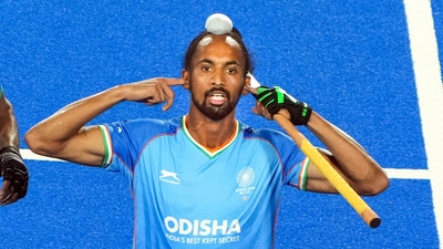 Hardik Singh of India reacts after scoring a goal against Spain during a match of FIH Odisha Hockey Men's World Cup 2023, in Rourkela, Odisha, Friday, Jan. 13, 2023. (PTI Photo/Swapan Mahapatra)(PTI01_13_2023_000314A) (PTI) Hardik Singh of India reacts after scoring a goal against Spain during a match of FIH Odisha Hockey Men's World Cup 2023, in Rourkela, Odisha, Friday, Jan. 13, 2023. (PTI Photo/Swapan Mahapatra)(PTI01_13_2023_000314A) (PTI)