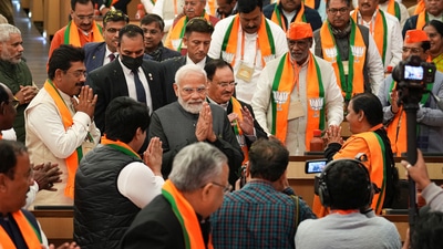 Prime Minister Narendra Modi being greeted by party leaders as he arrives for the BJP National Executive meeting, at NDMC Convention Centre in New Delhi, (PTI) Prime Minister Narendra Modi being greeted by party leaders as he arrives for the BJP National Executive meeting, at NDMC Convention Centre in New Delhi, (PTI)