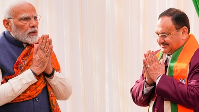 New Delhi: Prime Minister Narendra Modi being greeted by BJP National President JP Nadda as he arrives for the second day of BJP's National Executive Meet, at NDMC Convention Centre in New Delhi, (PTI) New Delhi: Prime Minister Narendra Modi being greeted by BJP National President JP Nadda as he arrives for the second day of BJP's National Executive Meet, at NDMC Convention Centre in New Delhi, (PTI)