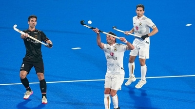 Belgium and Germany players vie for ball during the FIH Odisha Hockey Men's World Cup 2023 match (PTI)