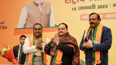 BJP National President JP Nadda with party leaders Raj Kumar Chahar (right) and Jamal Siddiqui during the party's Office Bearers' meeting, at BJP Headquarters in Delhi, Monday. (PTI)